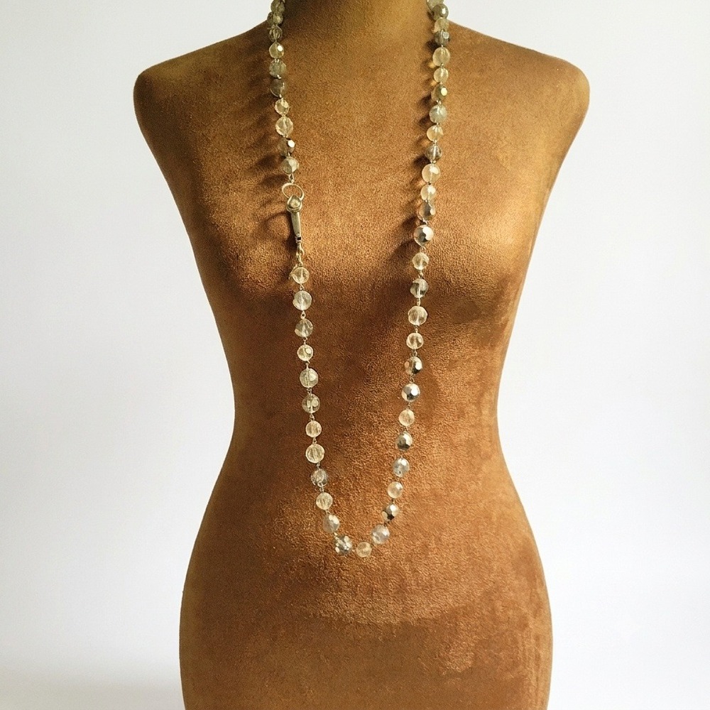 Vintage Faceted Glass Bead Strand Necklace 40" Rhinestone Clip Coquette